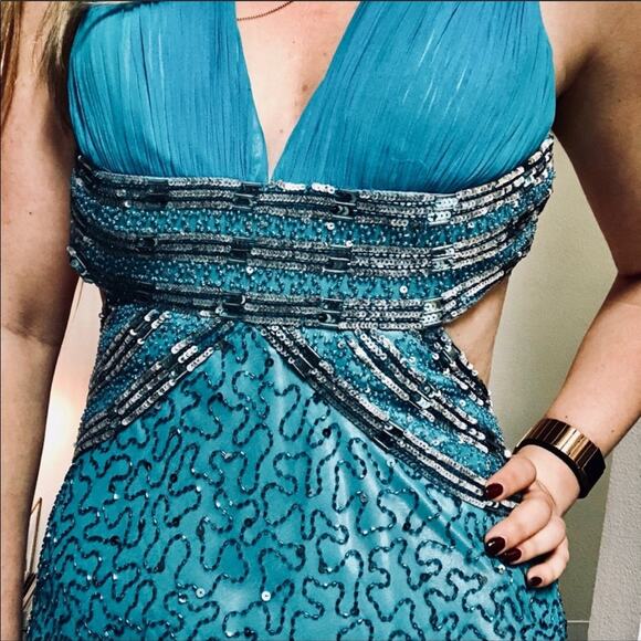 ADRIANNA PAPELL Turquoise Silk Beaded Ball Gown Maxi Floor Length Formal Dress 4 - Picture 2 of 8